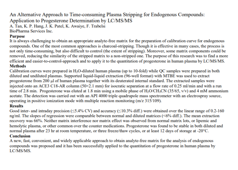 An Alternative Approach to Time-consuming Plasma Stripping for Endogenous Compounds: Application to Progesterone Determination by LC/MS/MS