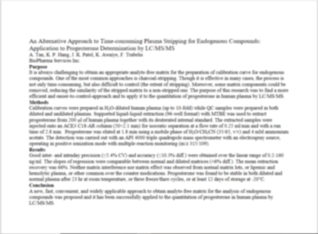 An Alternative Approach to Time-consuming Plasma Stripping for Endogenous Compounds: Application to Progesterone Determination by LC/MS/MS 