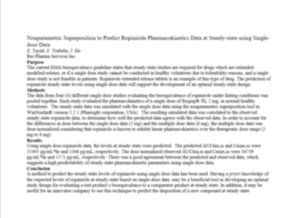Nonparametric Superposition to Predict Ropinirole Pharmacokinetics Data at Steady-state using Singledose Data-2 Nonparametric Superposition to Predict Ropinirole Pharmacokinetics Data at Steady-state using Singledose Data